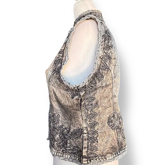 Vintage 90s Flashback Embroidered Metallic Gray Beaded Vest Floral Detail Boho - Picture 6 of 13